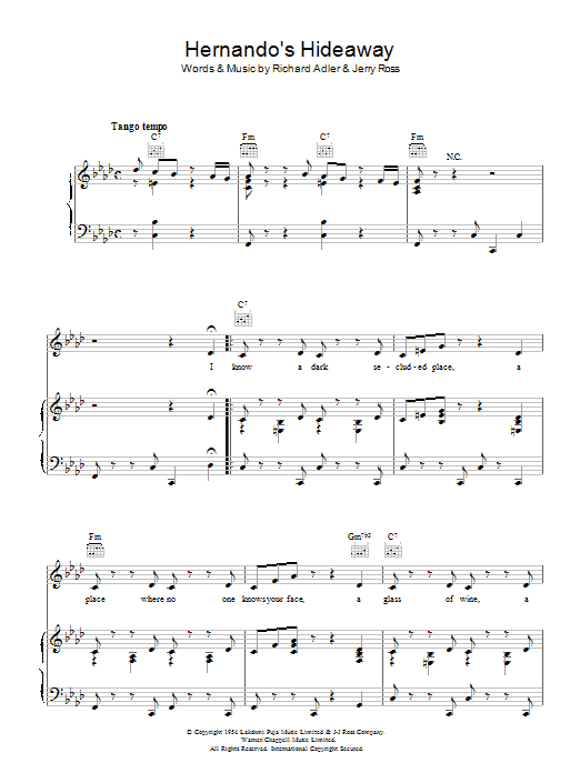 Download Jerry Ross Hernando's Hideaway Sheet Music and learn how to play Melody Line, Lyrics & Chords PDF digital score in minutes