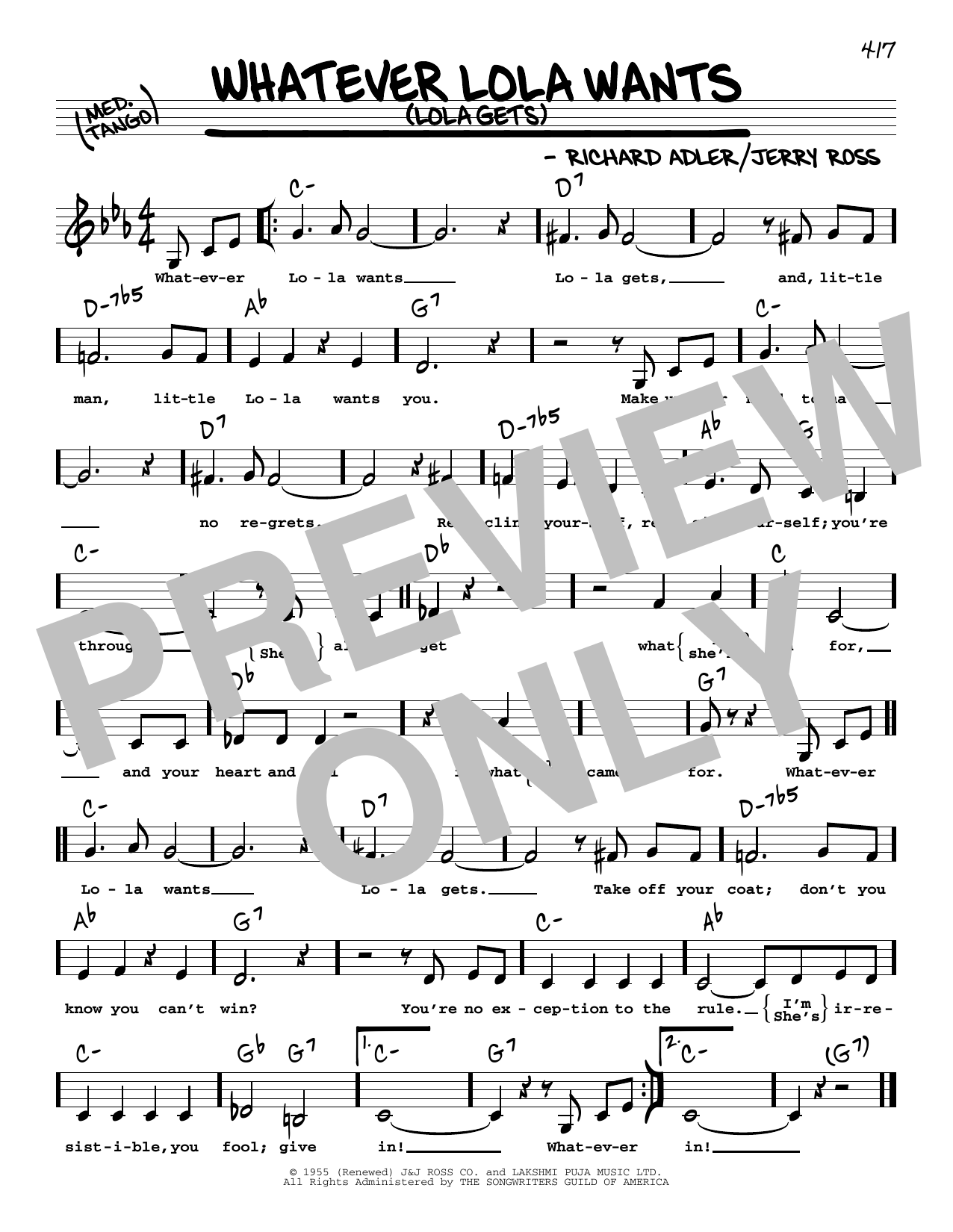 Download Richard Adler Whatever Lola Wants (Lola Gets) (Low Voice) Sheet Music and learn how to play Real Book – Melody, Lyrics & Chords PDF digital score in minutes