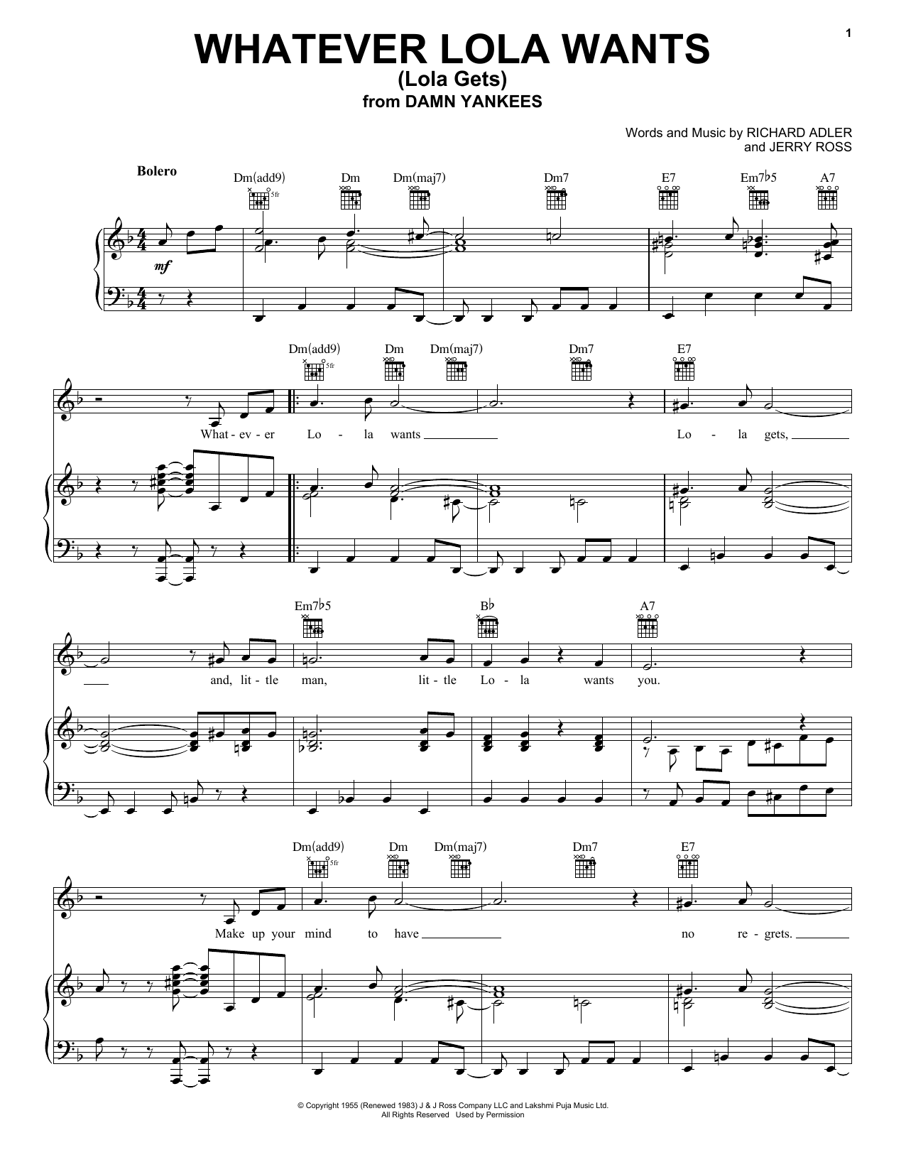 Download Richard Adler Whatever Lola Wants (Lola Gets) Sheet Music and learn how to play Very Easy Piano PDF digital score in minutes