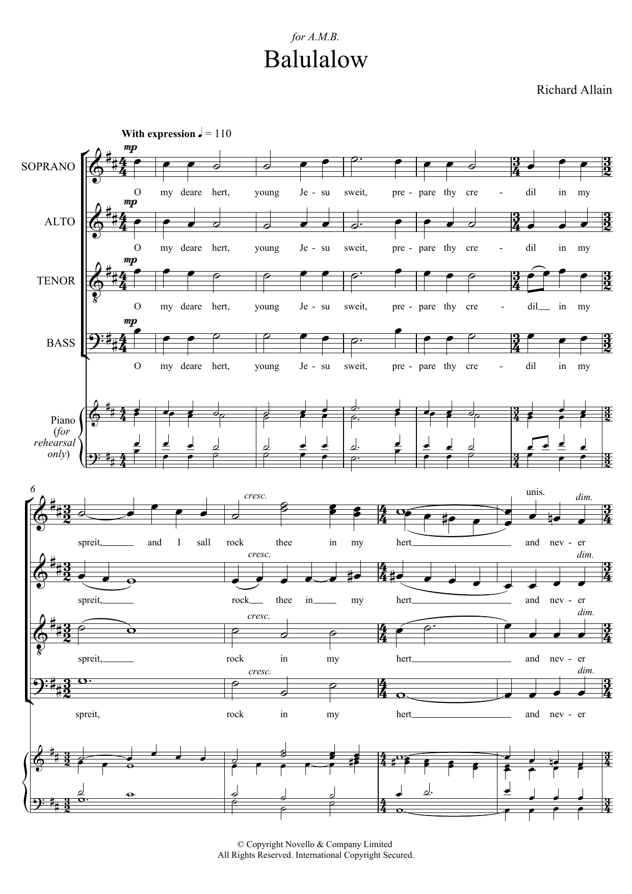 Download Richard Allain Balulalow Sheet Music and learn how to play Choir PDF digital score in minutes