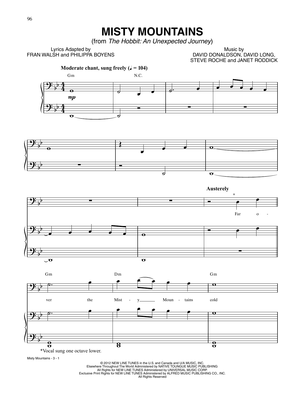 Download Richard Armitage Misty Mountains (from The Hobbit: An Unexpected Journey) Sheet Music and learn how to play Piano, Vocal & Guitar Chords (Right-Hand Melody) PDF digital score in minutes
