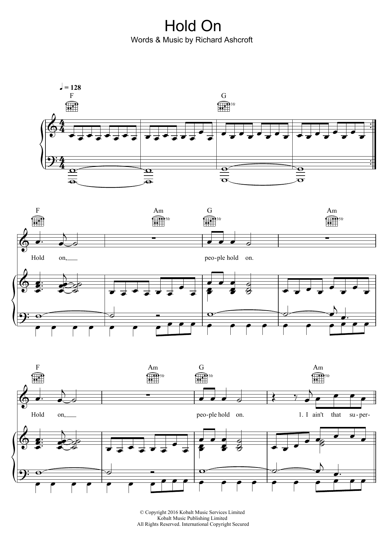 Download Richard Ashcroft Hold On Sheet Music and learn how to play Piano, Vocal & Guitar (Right-Hand Melody) PDF digital score in minutes