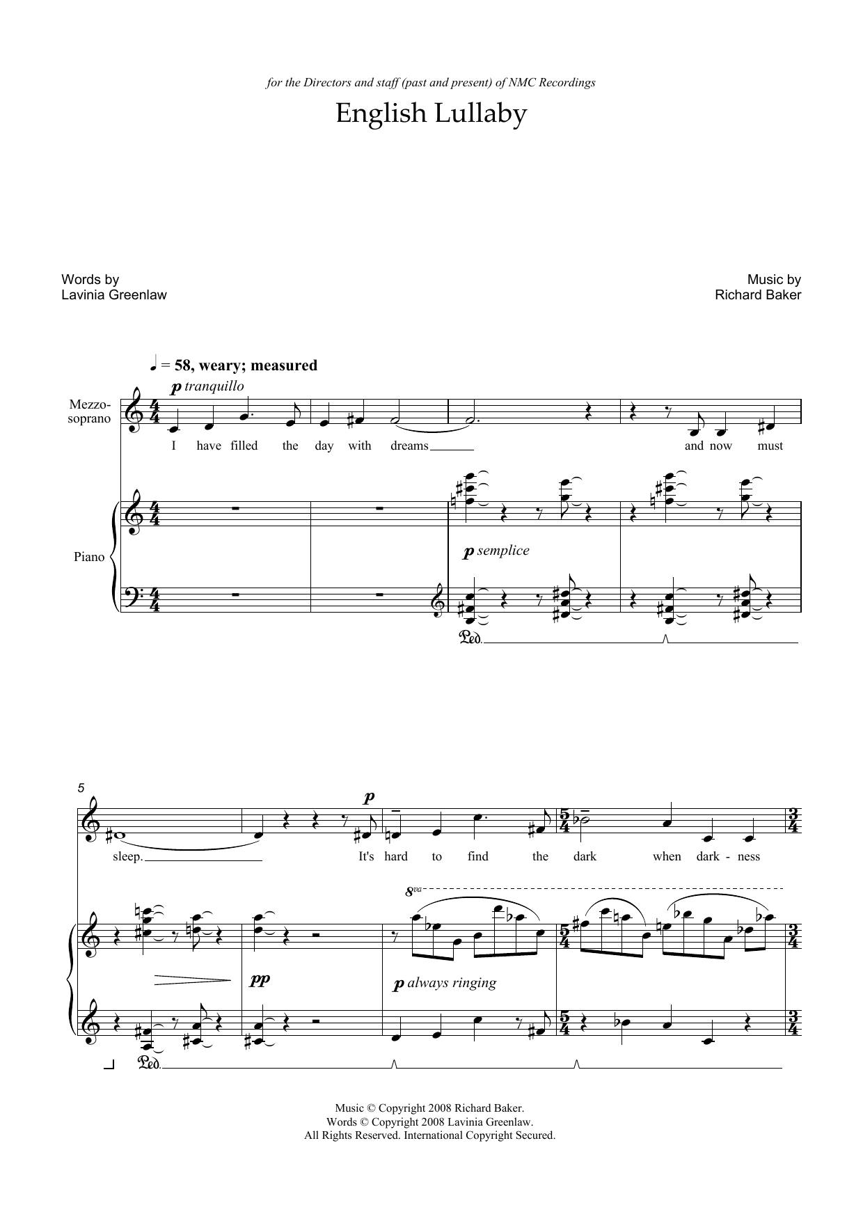 Download Richard Baker English Lullaby (for mezzo-soprano & piano) Sheet Music and learn how to play Piano & Vocal PDF digital score in minutes