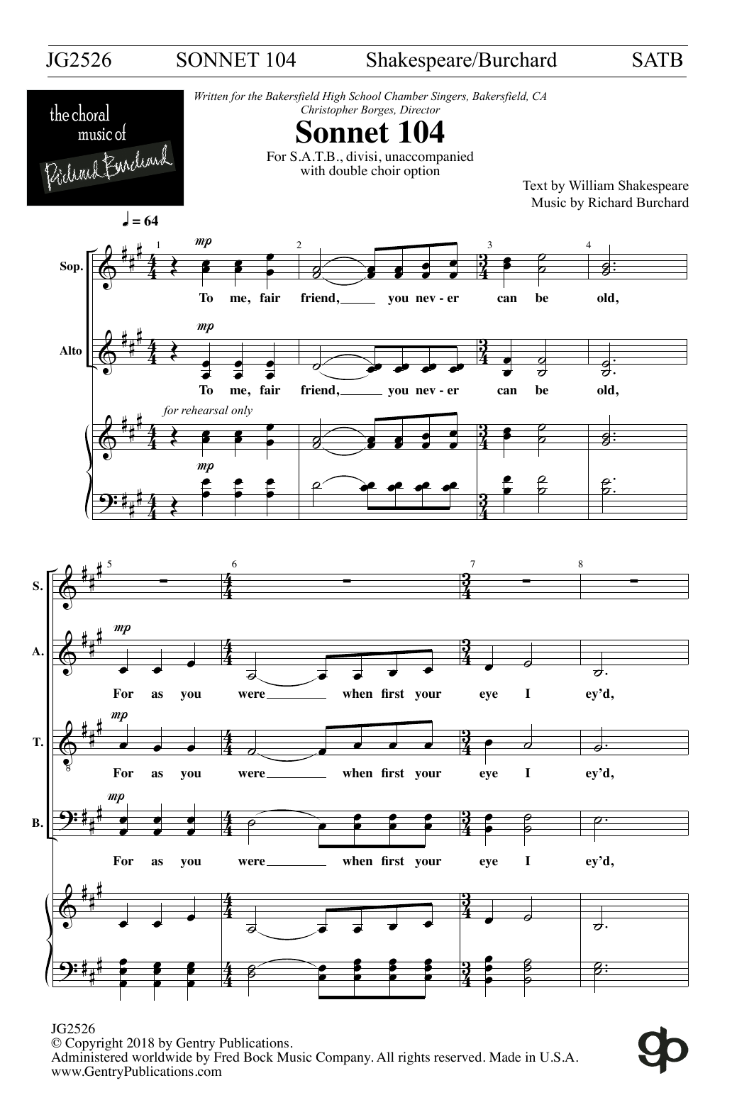 Download Richard Burchard Sonnet 104 Sheet Music and learn how to play SATB Choir PDF digital score in minutes