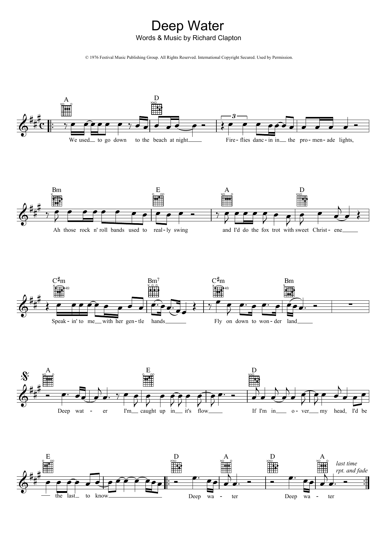 Download Richard Clapton Deep Water Sheet Music and learn how to play Melody Line, Lyrics & Chords PDF digital score in minutes