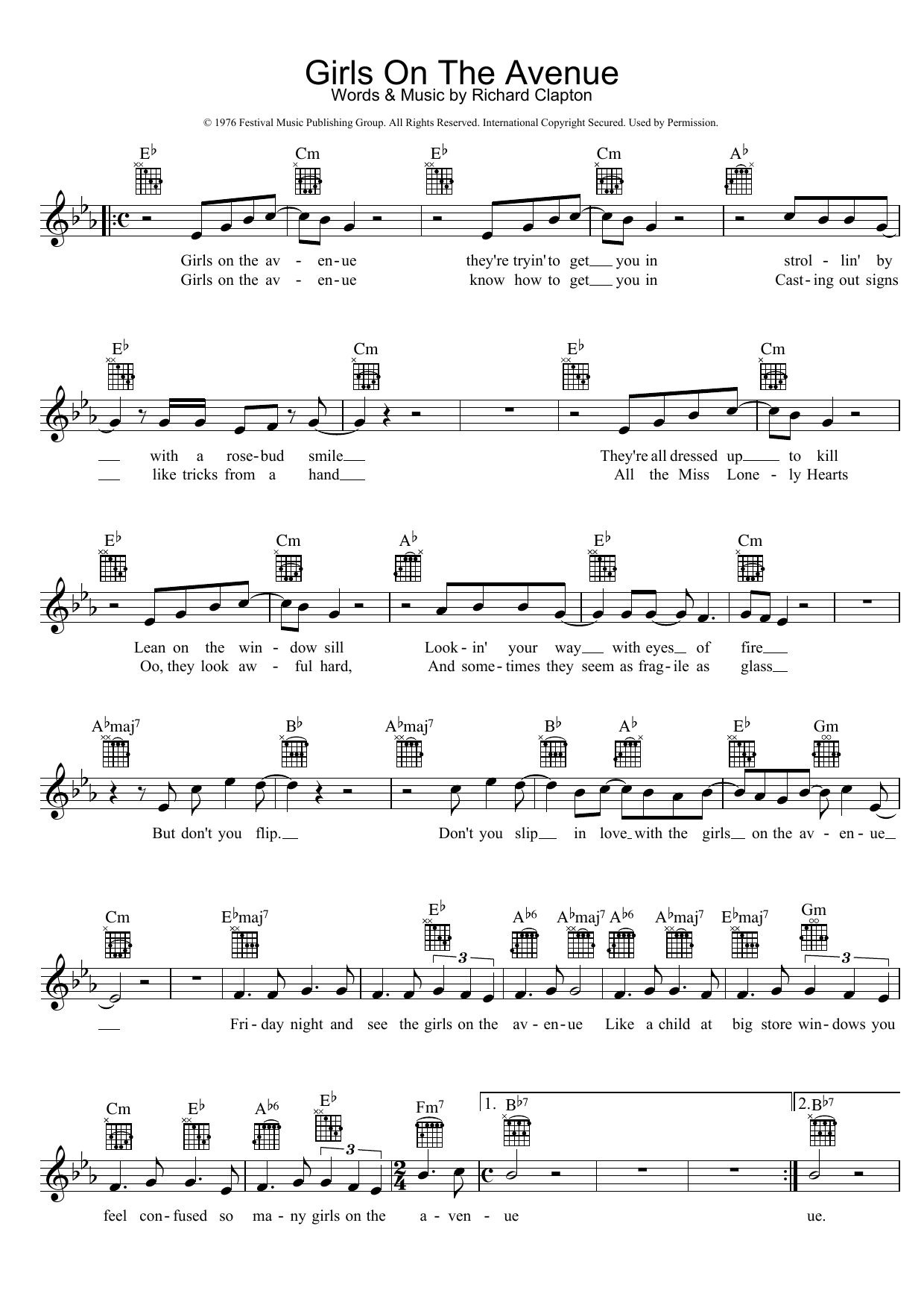 Download Richard Clapton Girls On The Avenue Sheet Music and learn how to play Melody Line, Lyrics & Chords PDF digital score in minutes