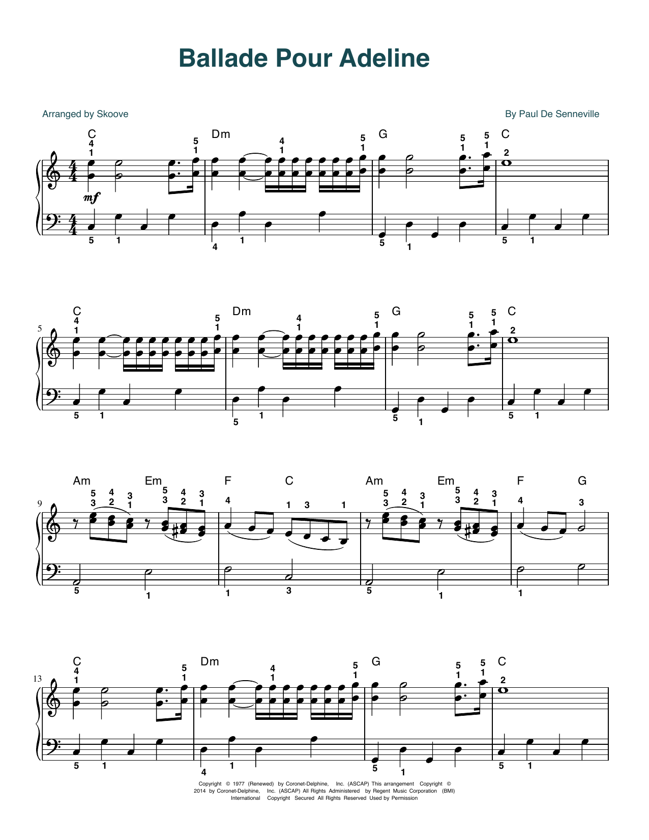 Download Richard Clayderman Ballade Pour Adeline (arr. Skoove) Sheet Music and learn how to play Piano Solo PDF digital score in minutes