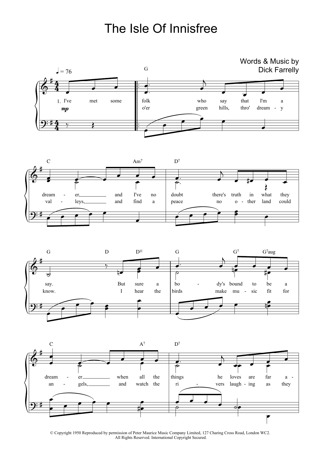 Download Dick Farrelly The Isle Of Innisfree Sheet Music and learn how to play Piano, Vocal & Guitar (Right-Hand Melody) PDF digital score in minutes
