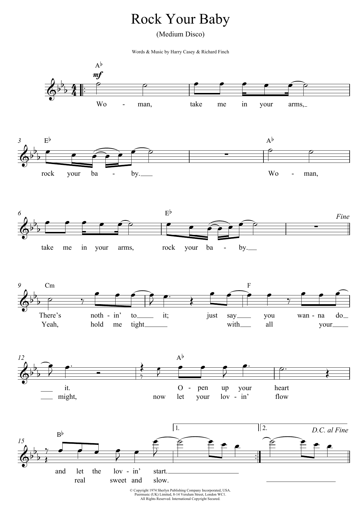 Download Harry Casey And Richard Finch Rock Your Baby Sheet Music and learn how to play Melody Line, Lyrics & Chords PDF digital score in minutes
