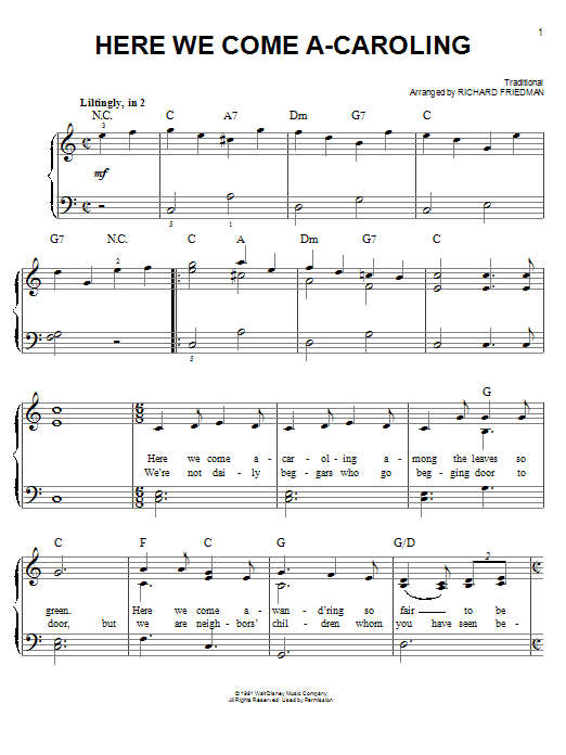 Download Richard Friedman Here We Come A-Caroling Sheet Music and learn how to play Easy Piano PDF digital score in minutes