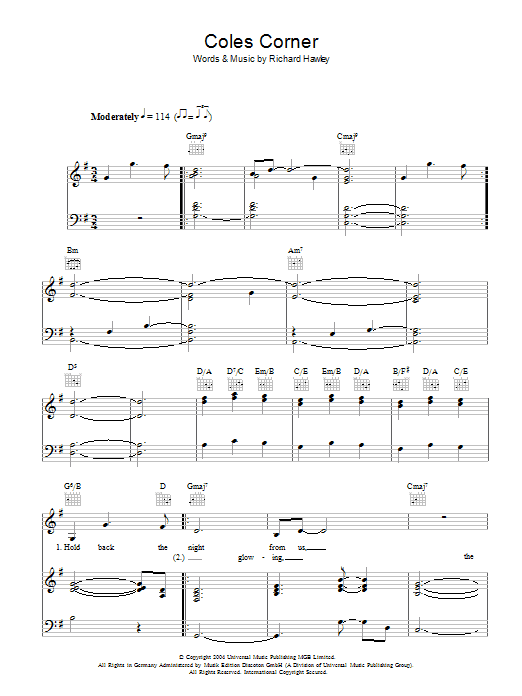 Download Richard Hawley Coles Corner Sheet Music and learn how to play Piano, Vocal & Guitar PDF digital score in minutes