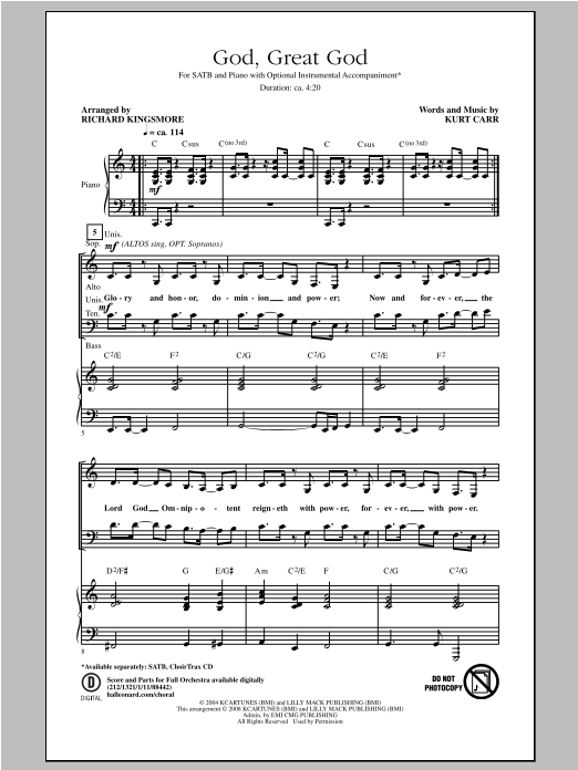 Download Richard Kingsmore God, Great God Sheet Music and learn how to play SATB PDF digital score in minutes
