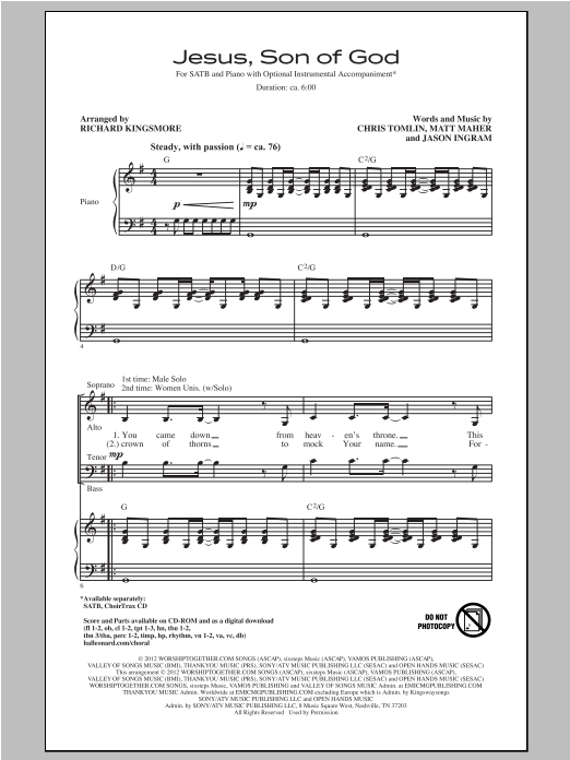 Download Passion Jesus, Son Of God (arr. Richard Kingsmore) Sheet Music and learn how to play SATB PDF digital score in minutes