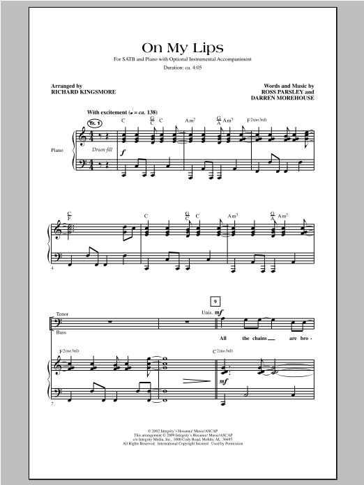 Download Richard Kingsmore On My Lips Sheet Music and learn how to play SATB PDF digital score in minutes