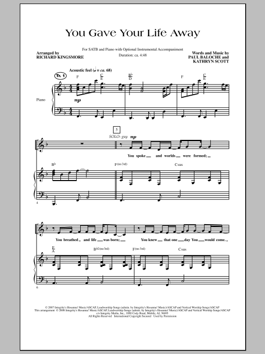 Download Richard Kingsmore You Gave Your Life Away Sheet Music and learn how to play SATB PDF digital score in minutes