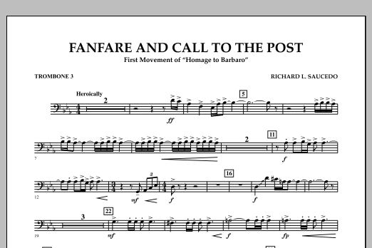 Download Richard L. Saucedo Fanfare and Call to the Post - Trombone 3 Sheet Music and learn how to play Concert Band PDF digital score in minutes