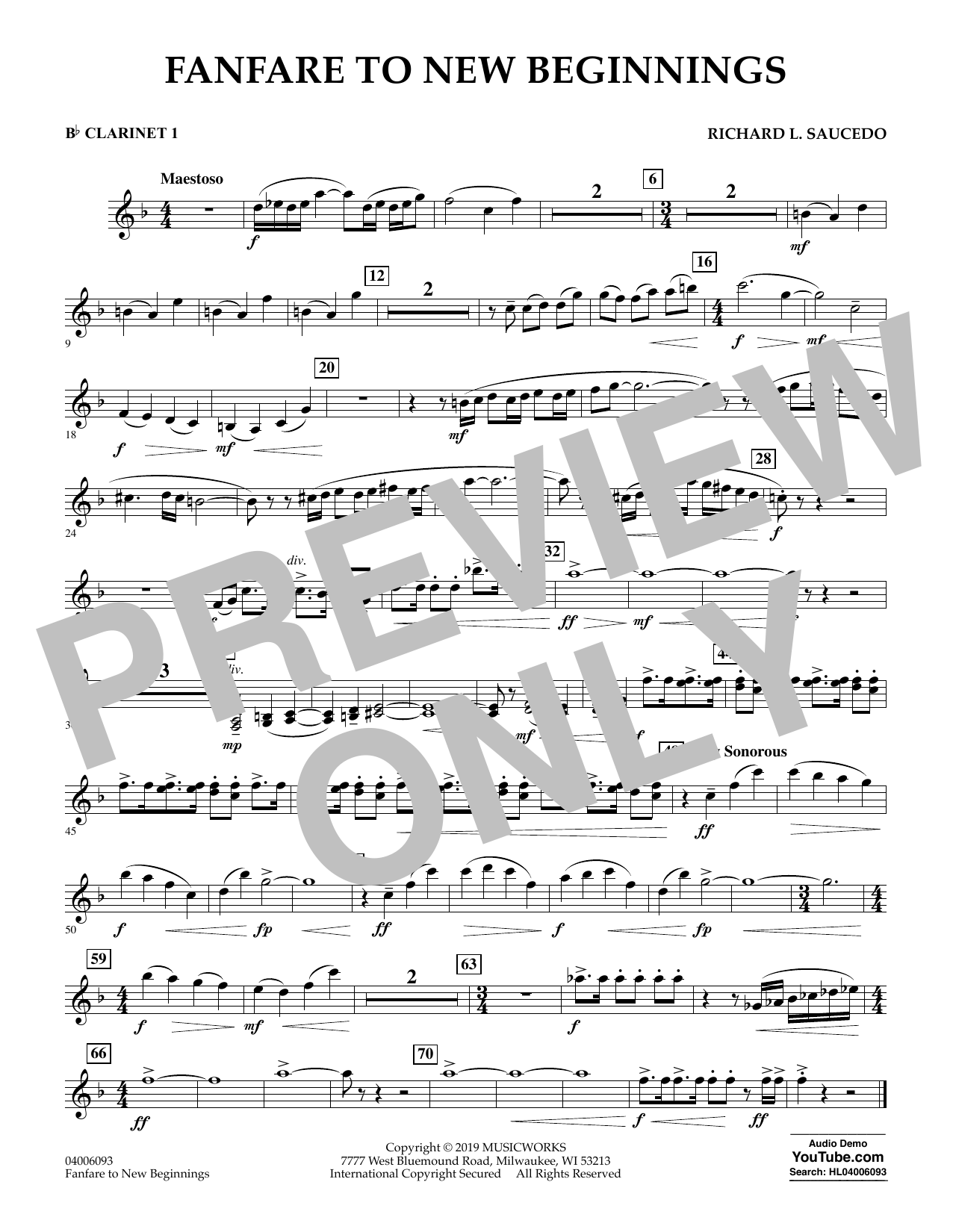 Download Richard L. Saucedo Fanfare for New Beginnings - Bb Clarinet 1 Sheet Music and learn how to play Concert Band PDF digital score in minutes