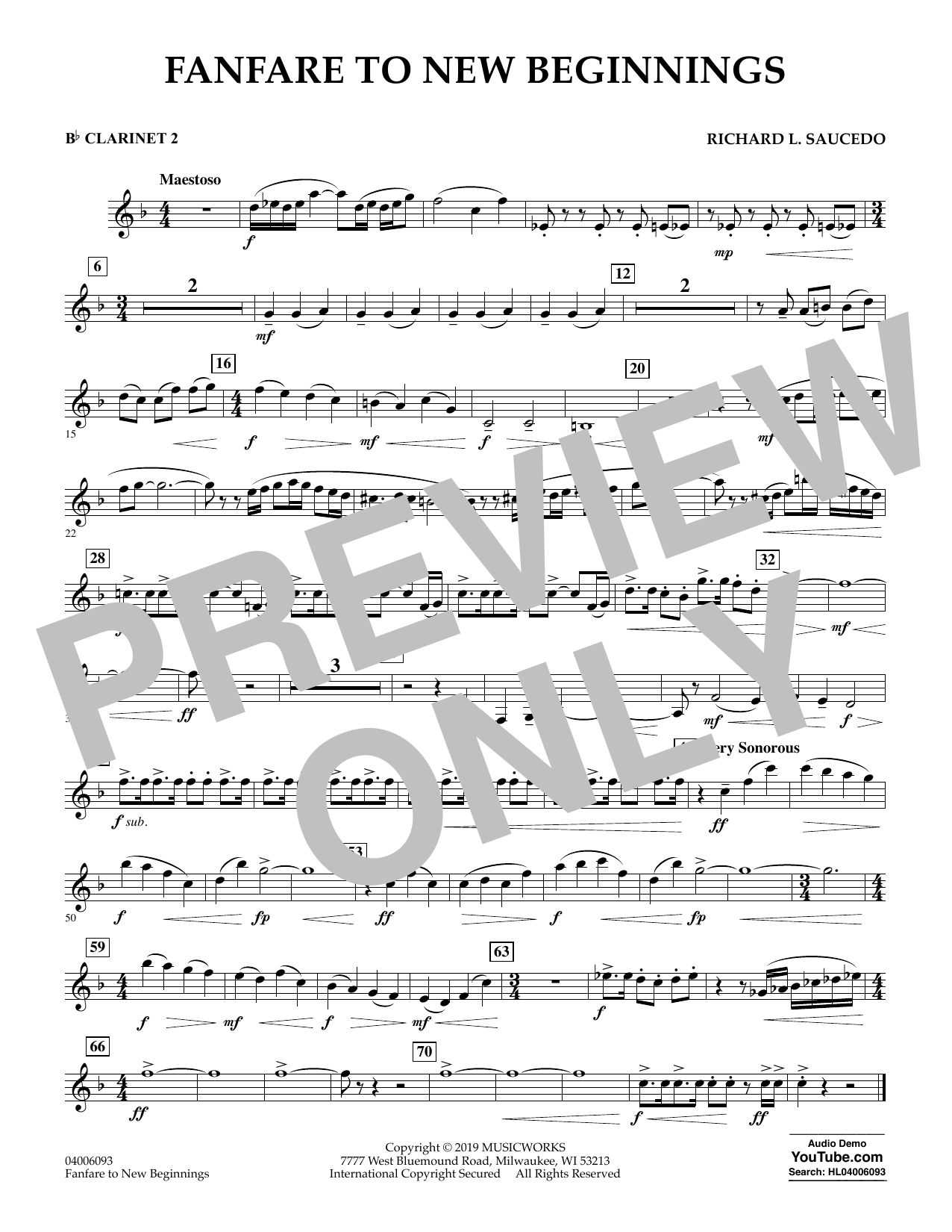 Download Richard L. Saucedo Fanfare for New Beginnings - Bb Clarinet 2 Sheet Music and learn how to play Concert Band PDF digital score in minutes