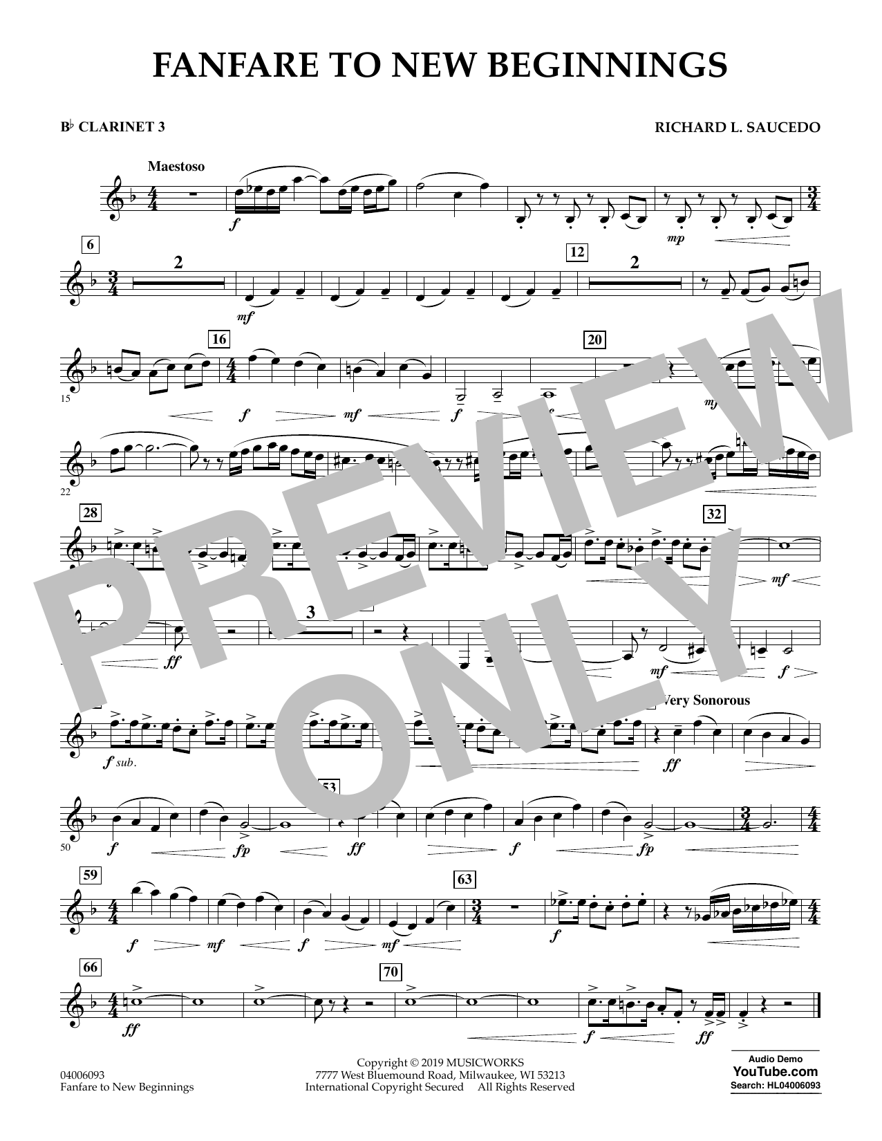 Download Richard L. Saucedo Fanfare for New Beginnings - Bb Clarinet 3 Sheet Music and learn how to play Concert Band PDF digital score in minutes