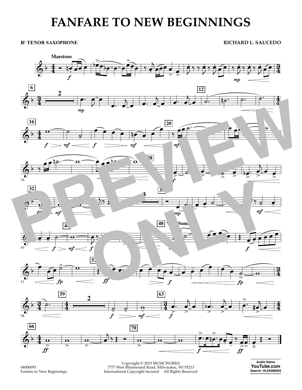 Download Richard L. Saucedo Fanfare for New Beginnings - Bb Tenor Saxophone Sheet Music and learn how to play Concert Band PDF digital score in minutes