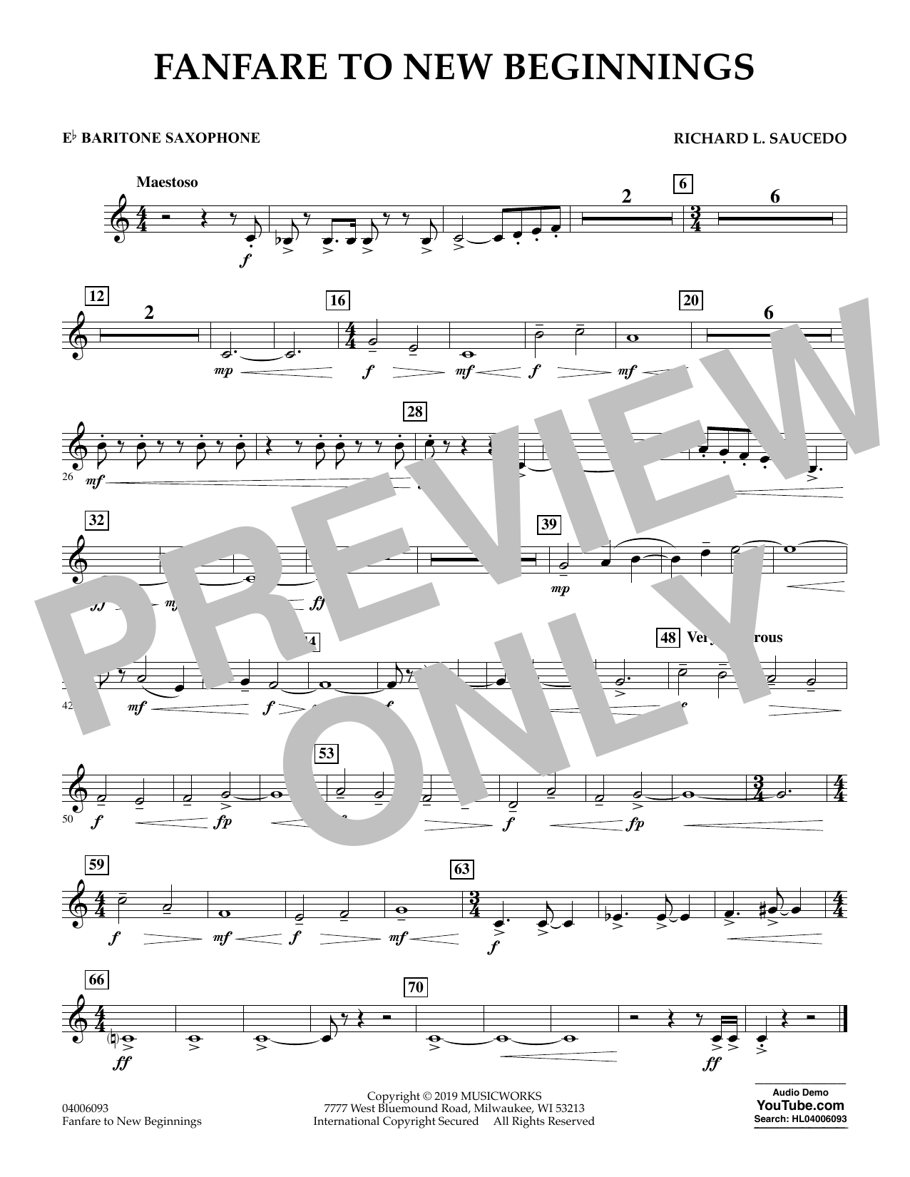 Download Richard L. Saucedo Fanfare for New Beginnings - Eb Baritone Saxophone Sheet Music and learn how to play Concert Band PDF digital score in minutes