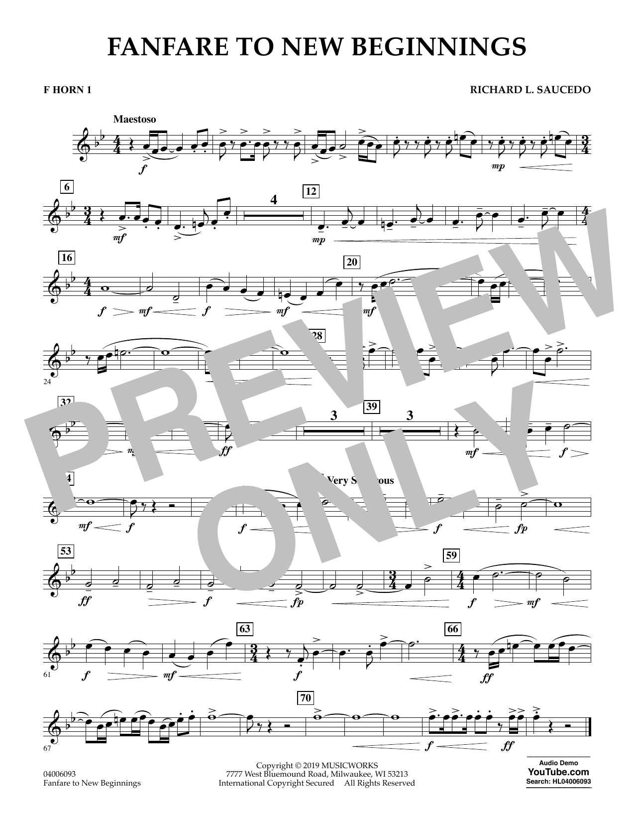 Download Richard L. Saucedo Fanfare for New Beginnings - F Horn 1 Sheet Music and learn how to play Concert Band PDF digital score in minutes
