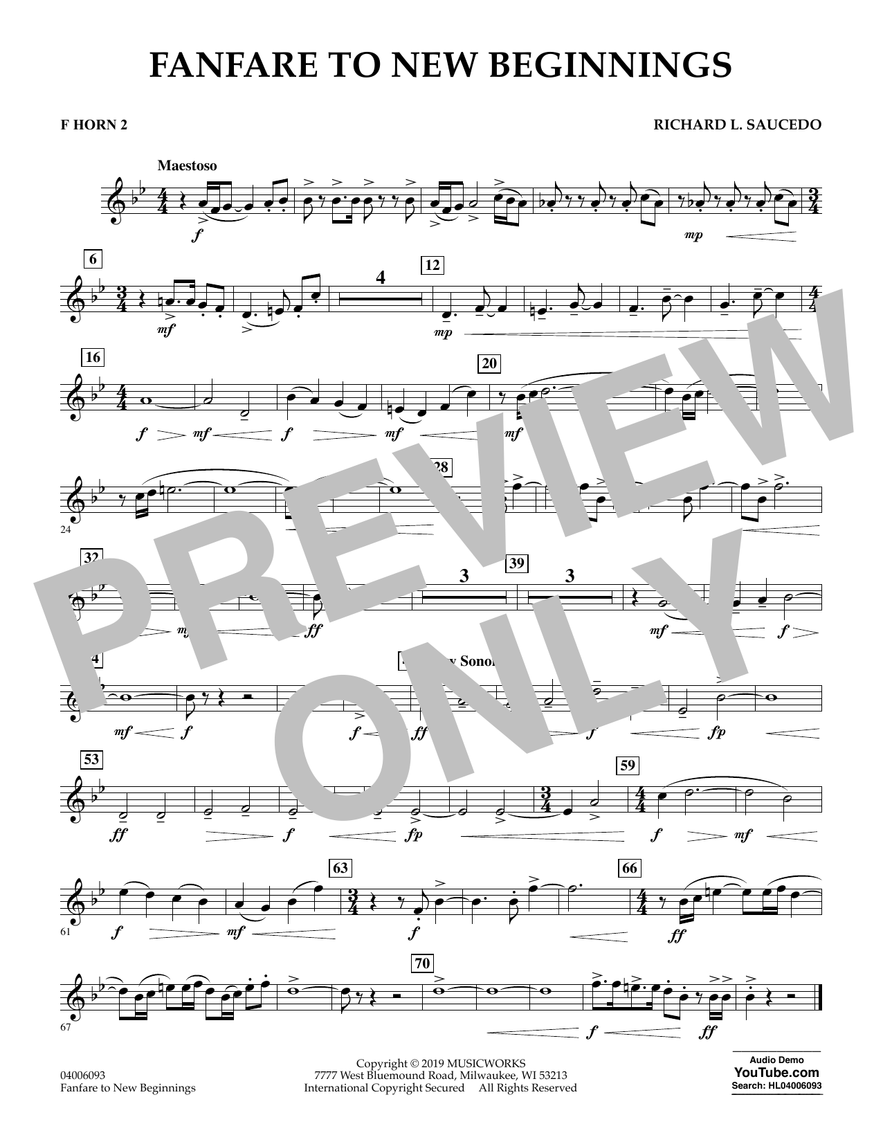 Download Richard L. Saucedo Fanfare for New Beginnings - F Horn 2 Sheet Music and learn how to play Concert Band PDF digital score in minutes
