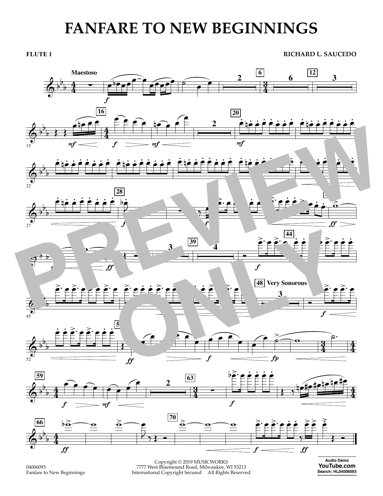 Download Richard L. Saucedo Fanfare for New Beginnings - Flute 1 Sheet Music and learn how to play Concert Band PDF digital score in minutes