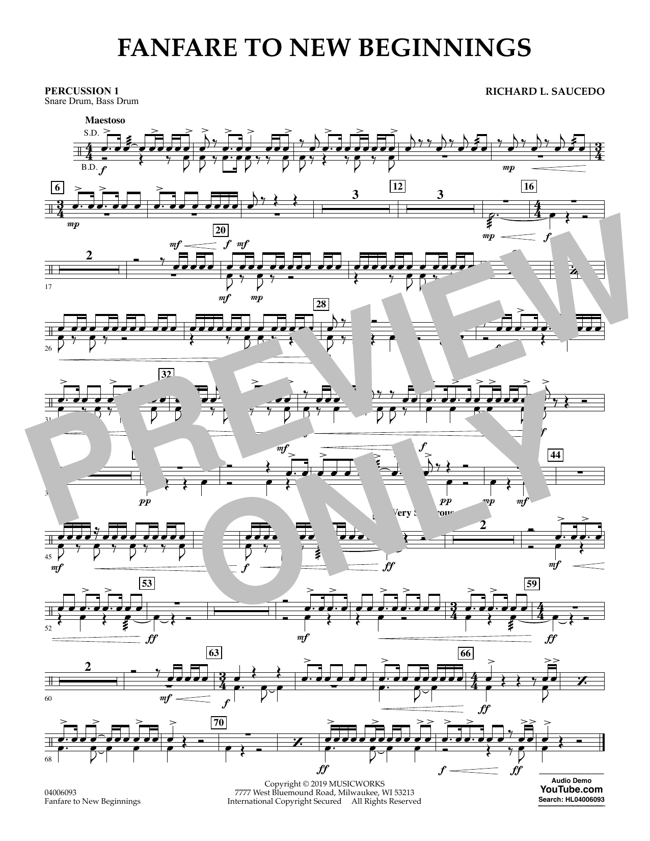Download Richard L. Saucedo Fanfare for New Beginnings - Percussion 1 Sheet Music and learn how to play Concert Band PDF digital score in minutes