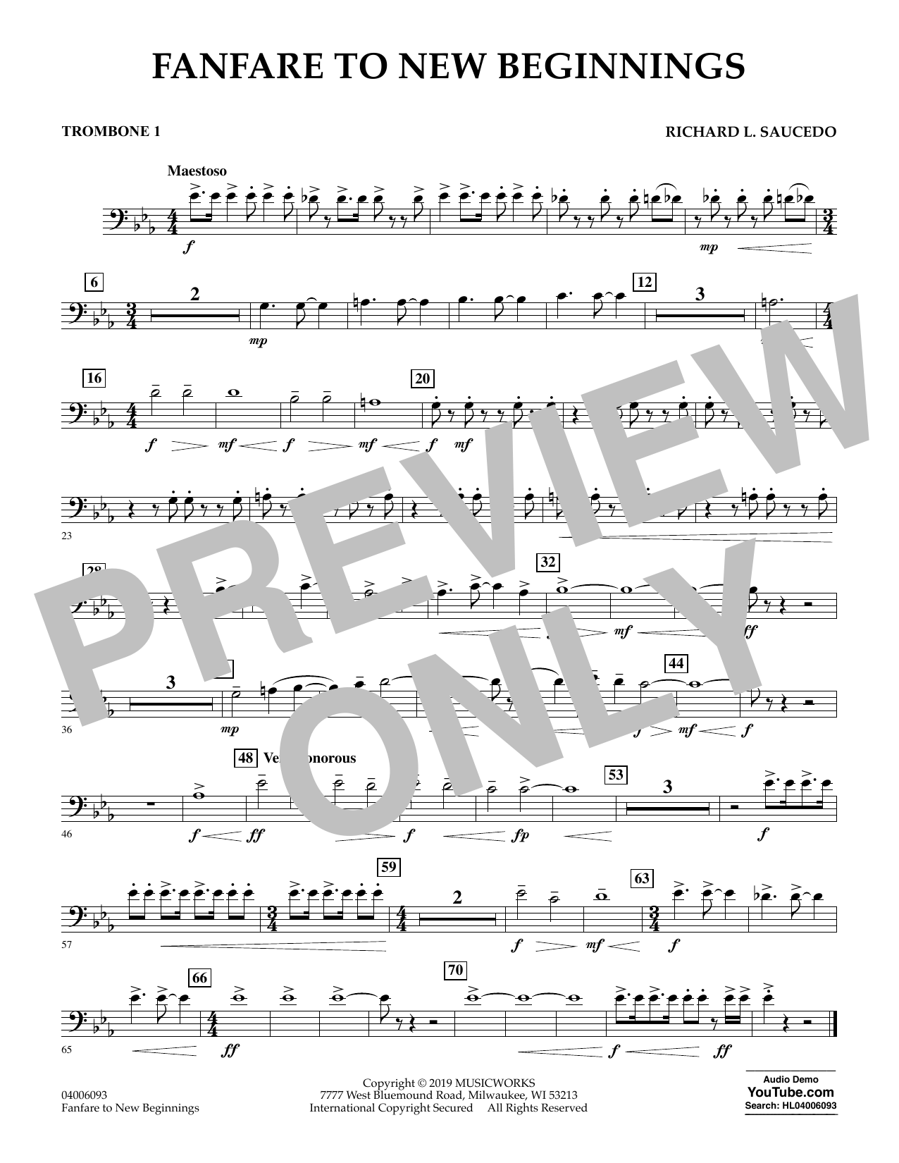 Download Richard L. Saucedo Fanfare for New Beginnings - Trombone 1 Sheet Music and learn how to play Concert Band PDF digital score in minutes