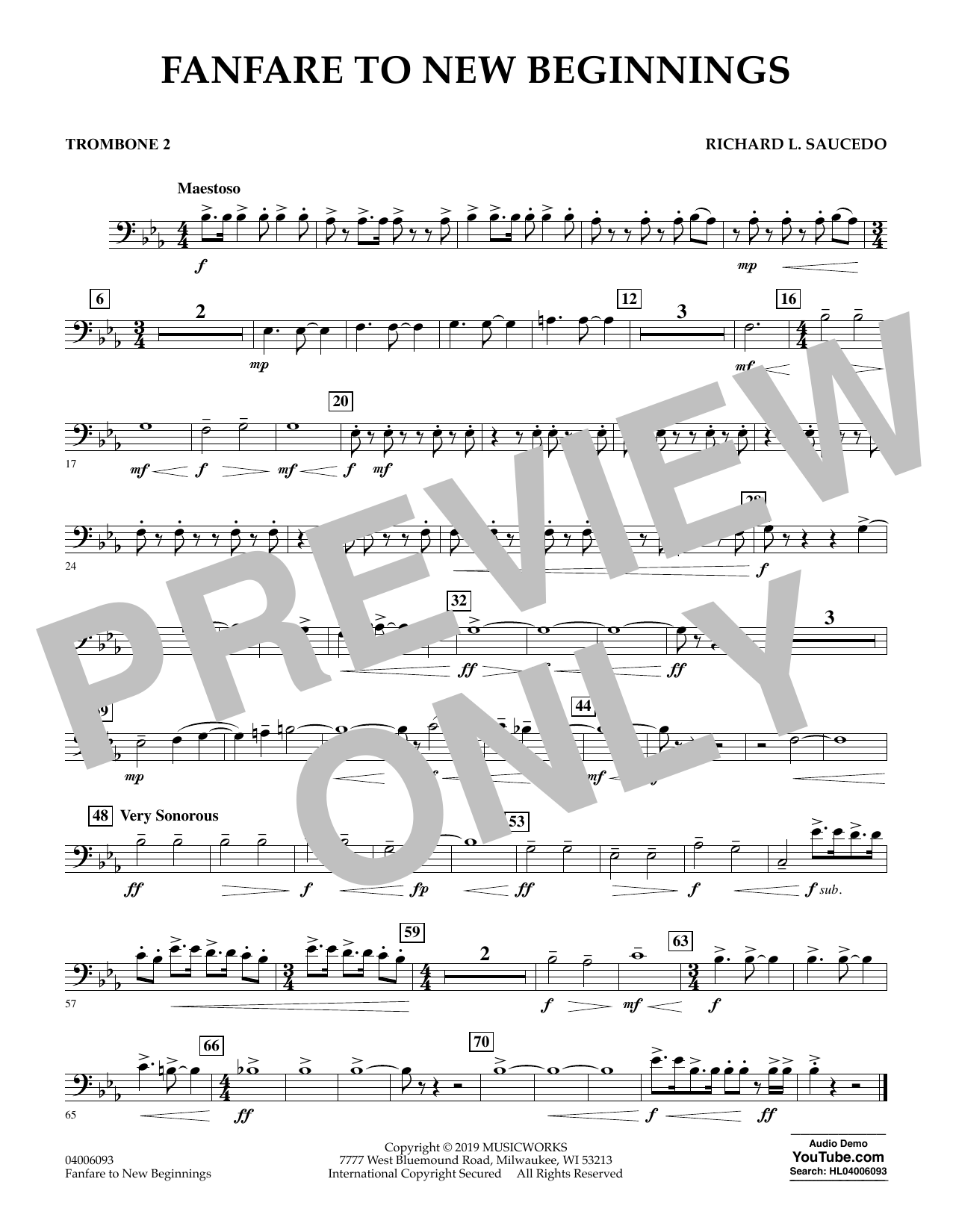 Download Richard L. Saucedo Fanfare for New Beginnings - Trombone 2 Sheet Music and learn how to play Concert Band PDF digital score in minutes