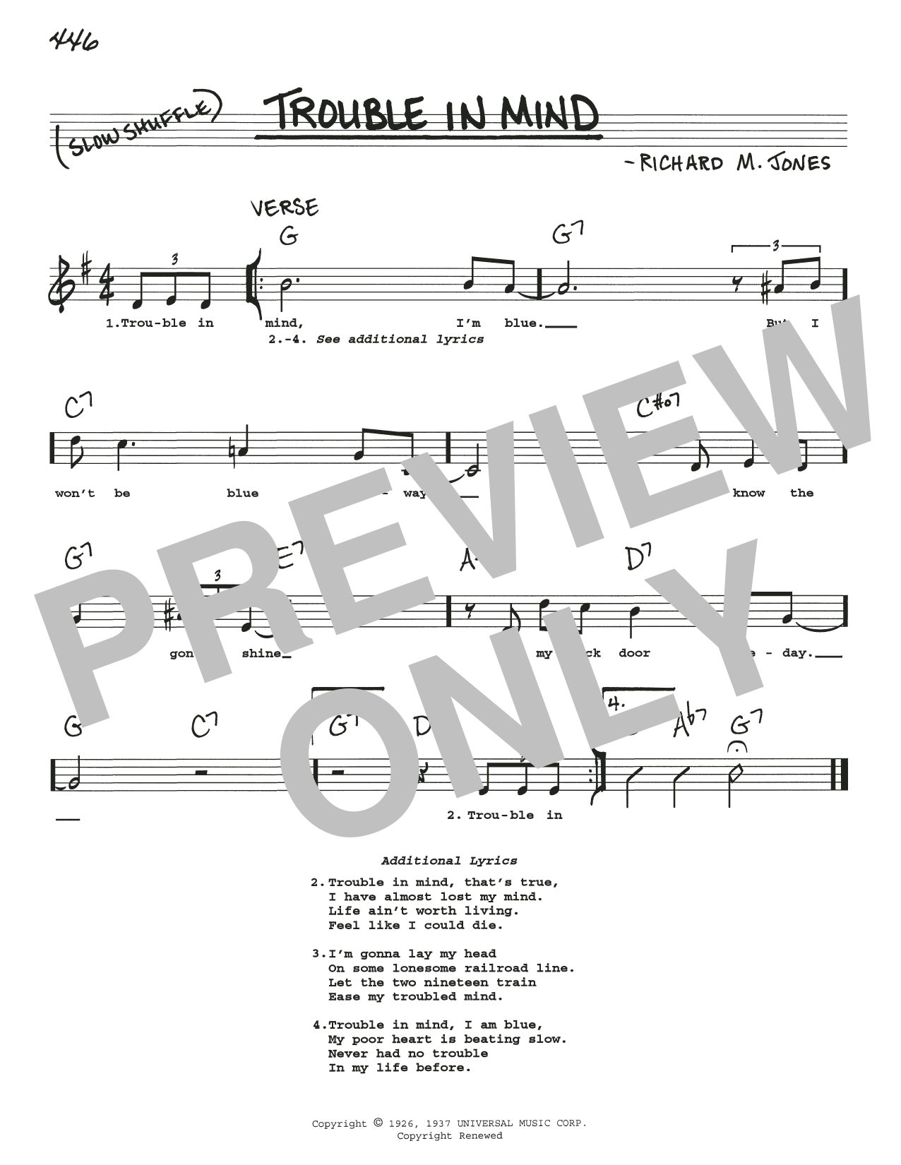 Download Richard M. Jones Trouble In Mind Sheet Music and learn how to play Real Book – Melody, Lyrics & Chords PDF digital score in minutes