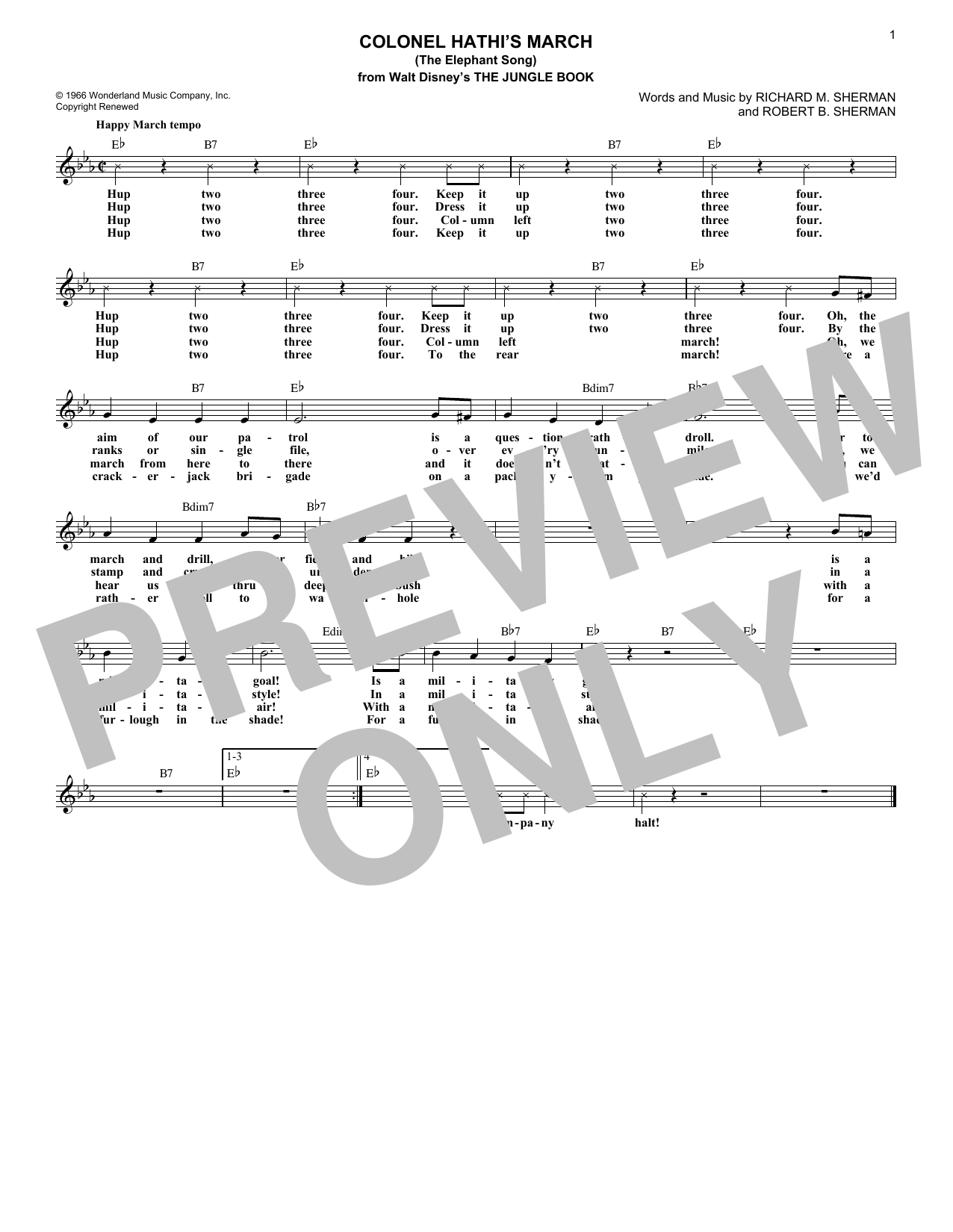 Download Richard M. Sherman Colonel Hathi's March (The Elephant Song) Sheet Music and learn how to play Melody Line, Lyrics & Chords PDF digital score in minutes