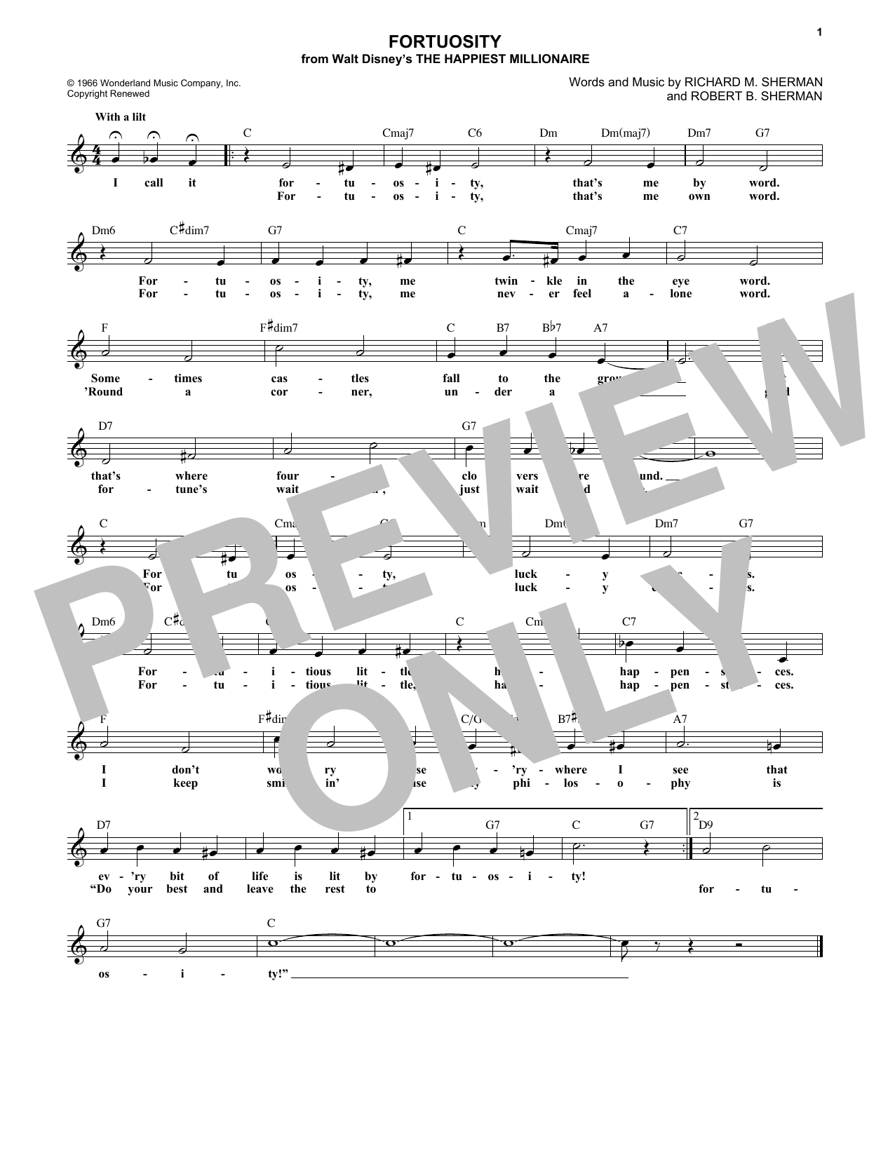 Download Richard M. Sherman Fortuosity Sheet Music and learn how to play Melody Line, Lyrics & Chords PDF digital score in minutes