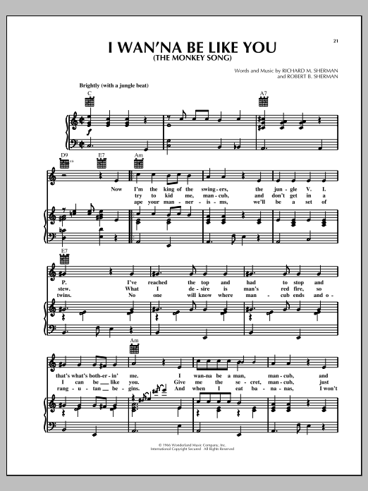 Download Richard M. Sherman I Wan'na Be Like You (The Monkey Song) Sheet Music and learn how to play Piano, Vocal & Guitar (Right-Hand Melody) PDF digital score in minutes