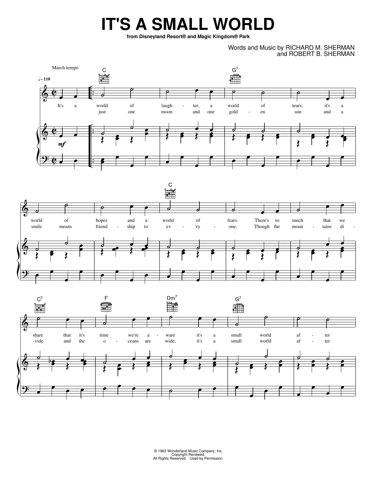 Download Richard M. Sherman It's a Small World Sheet Music and learn how to play Piano, Vocal & Guitar Chords (Right-Hand Melody) PDF digital score in minutes