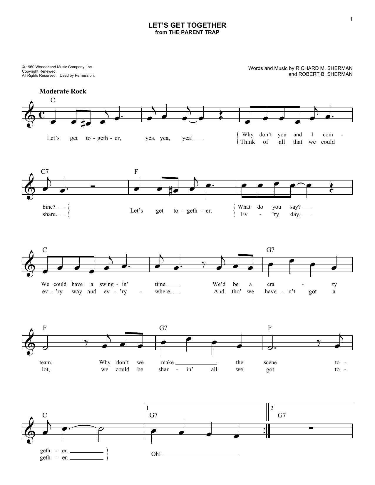 Download Richard M. Sherman Let's Get Together Sheet Music and learn how to play Melody Line, Lyrics & Chords PDF digital score in minutes