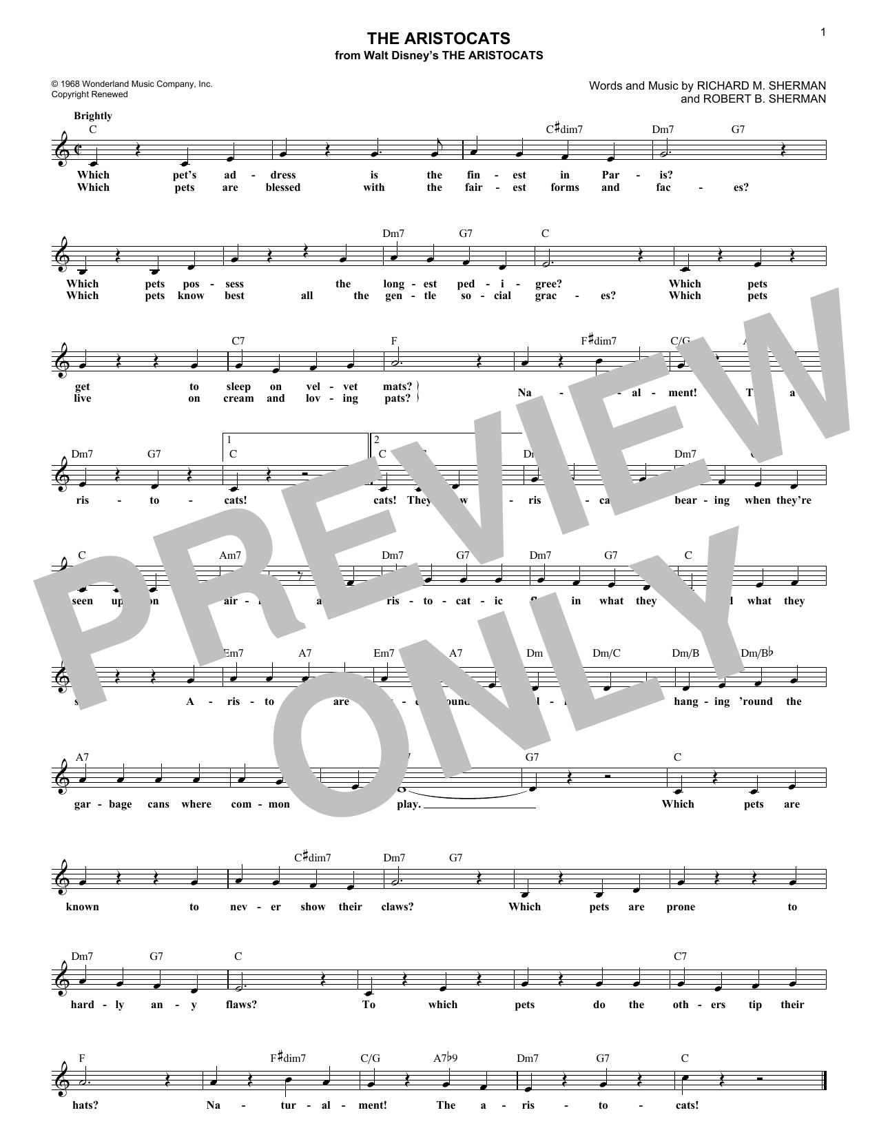 Download Richard M. Sherman The Aristocats Sheet Music and learn how to play Melody Line, Lyrics & Chords PDF digital score in minutes