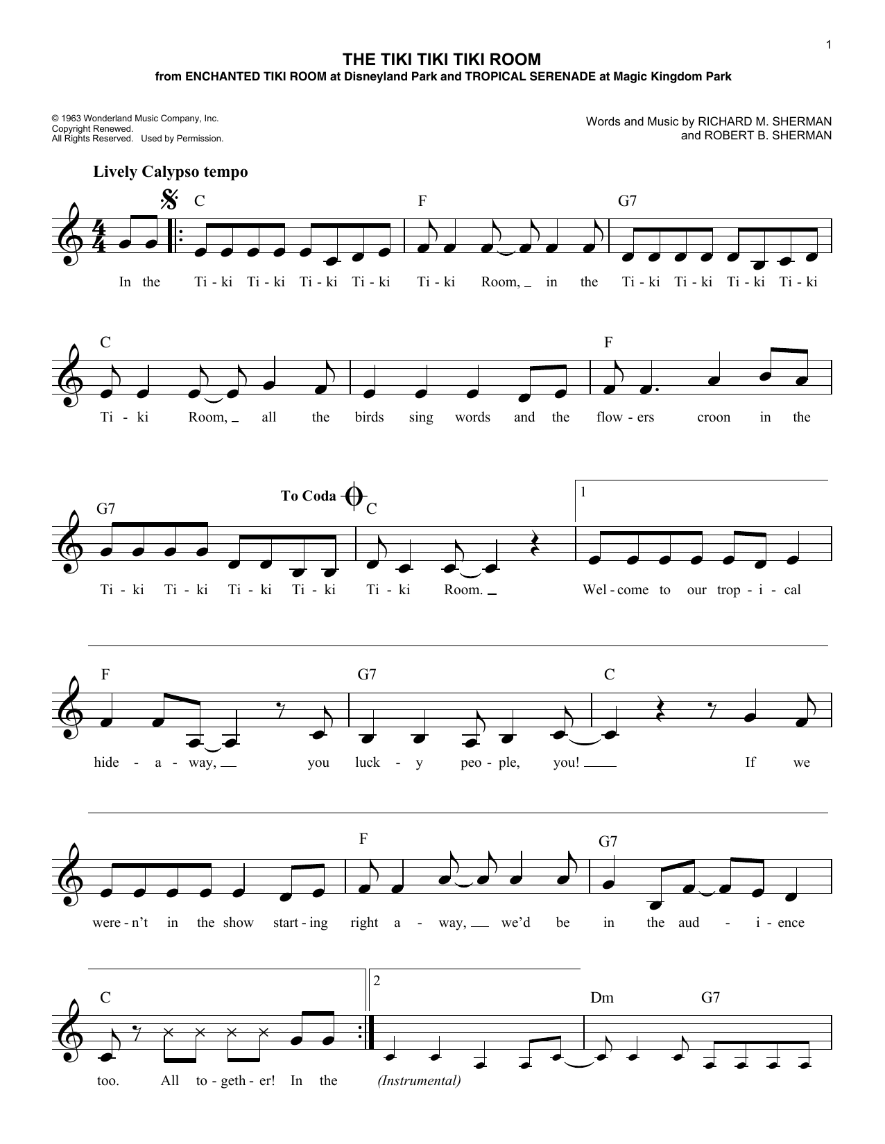 Download Richard M. Sherman The Tiki Tiki Tiki Room Sheet Music and learn how to play Melody Line, Lyrics & Chords PDF digital score in minutes