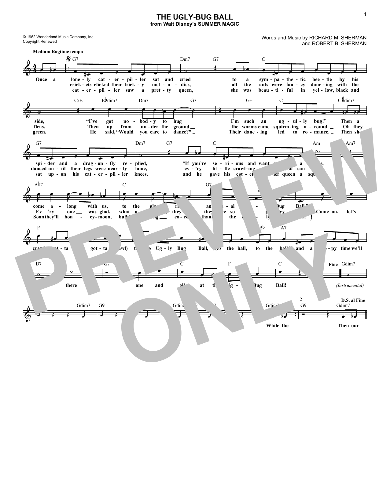 Download Richard M. Sherman The Ugly-Bug Ball Sheet Music and learn how to play Melody Line, Lyrics & Chords PDF digital score in minutes