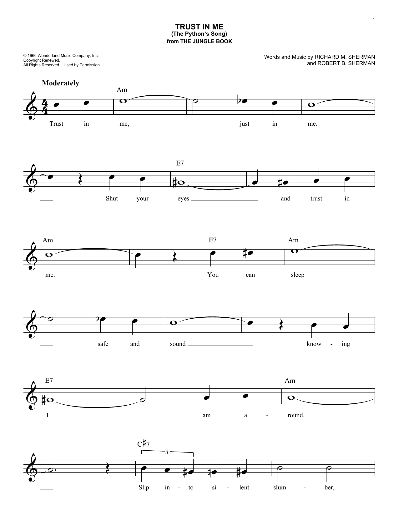 Download Richard M. Sherman Trust In Me (The Python's Song) Sheet Music and learn how to play Melody Line, Lyrics & Chords PDF digital score in minutes