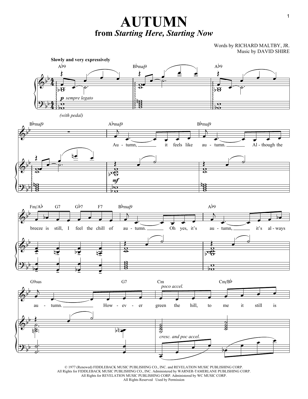 Download Richard Maltby Jr. and David Shire Autumn (from Starting Here, Starting Now) Sheet Music and learn how to play Piano & Vocal PDF digital score in minutes