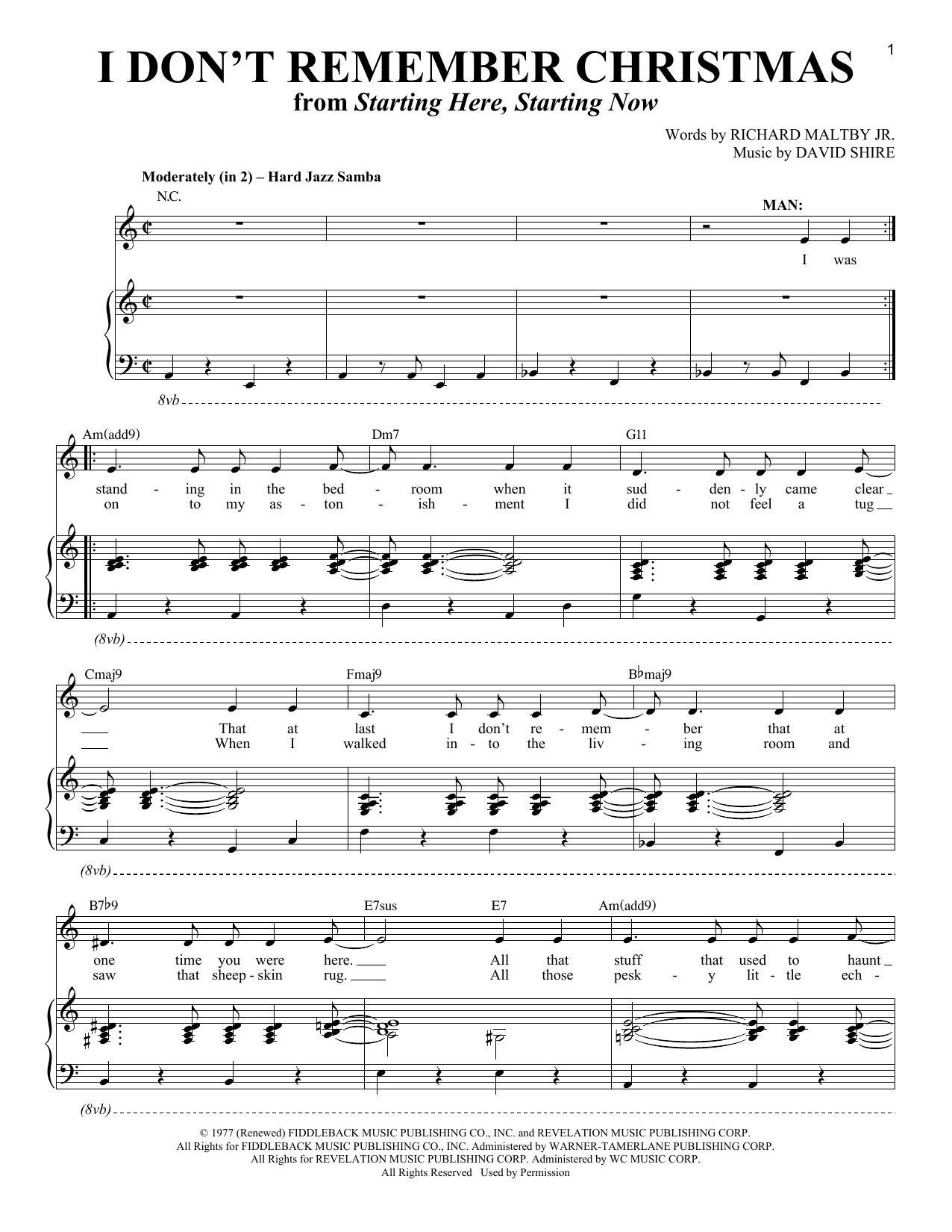Download Richard Maltby Jr. and David Shire I Don't Remember Christmas (from Starting Here, Starting Now) Sheet Music and learn how to play Piano & Vocal PDF digital score in minutes