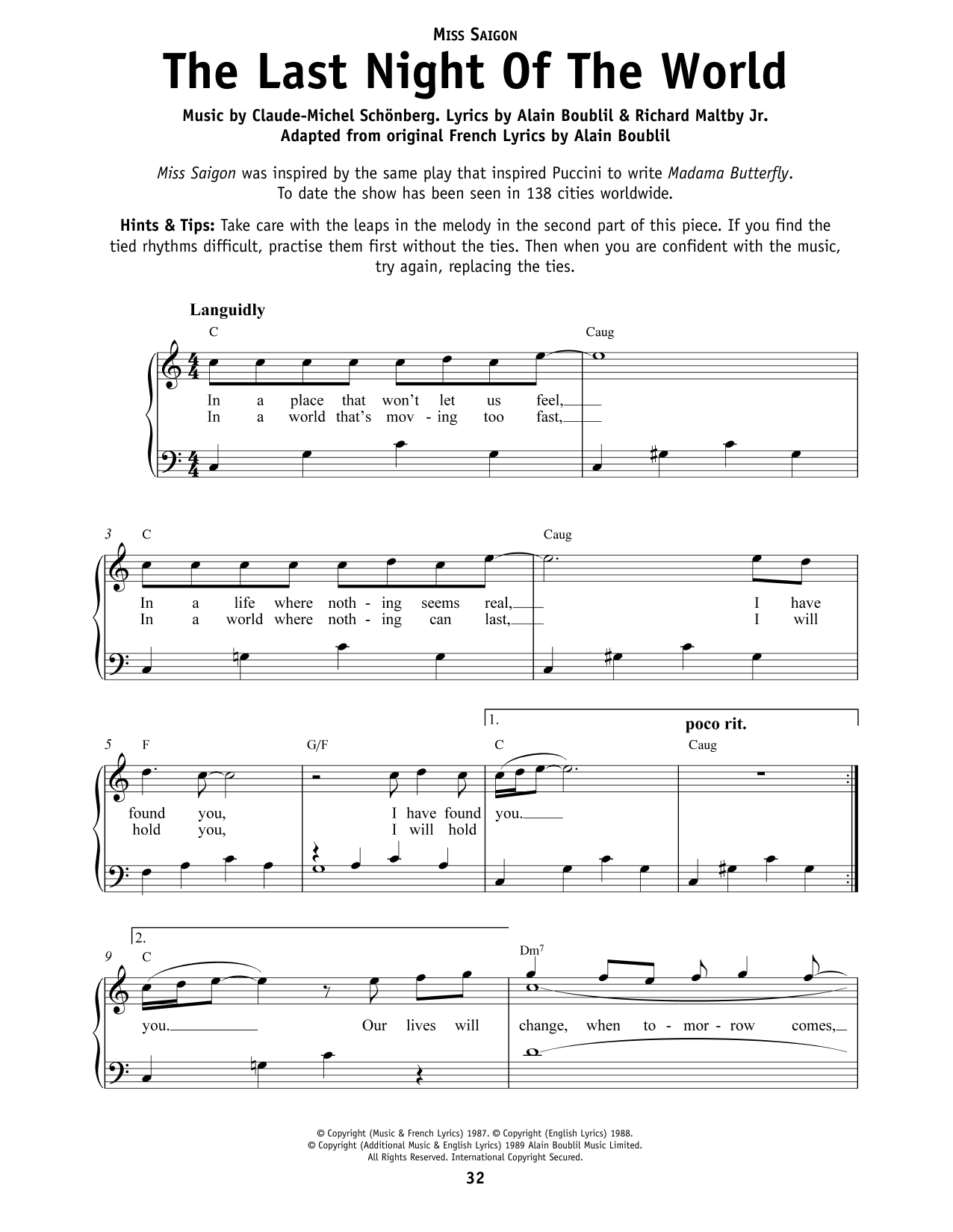 Download Richard Maltby Jr. The Last Night Of The World (from Miss Saigon) Sheet Music and learn how to play Really Easy Piano PDF digital score in minutes