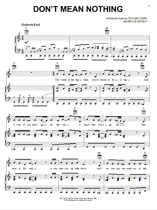 Download Richard Marx Don't Mean Nothing Sheet Music and learn how to play Piano, Vocal & Guitar (Right-Hand Melody) PDF digital score in minutes