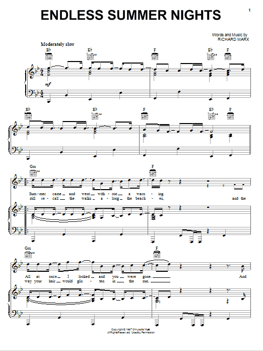 Download Richard Marx Endless Summer Nights Sheet Music and learn how to play Easy Piano PDF digital score in minutes