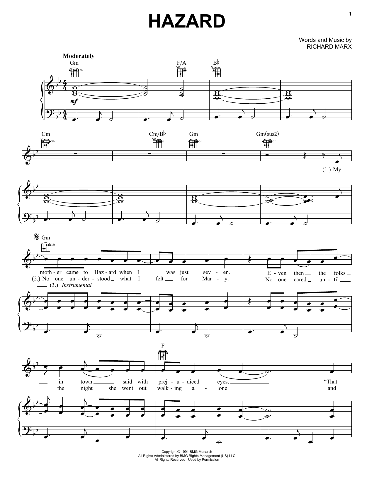 Download Richard Marx Hazard Sheet Music and learn how to play Easy Piano PDF digital score in minutes