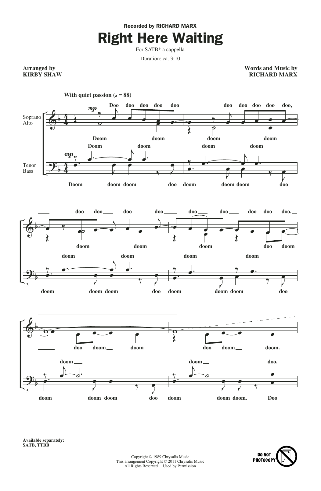 Download Richard Marx Right Here Waiting (arr. Kirby Shaw) Sheet Music and learn how to play TTBB Choir PDF digital score in minutes