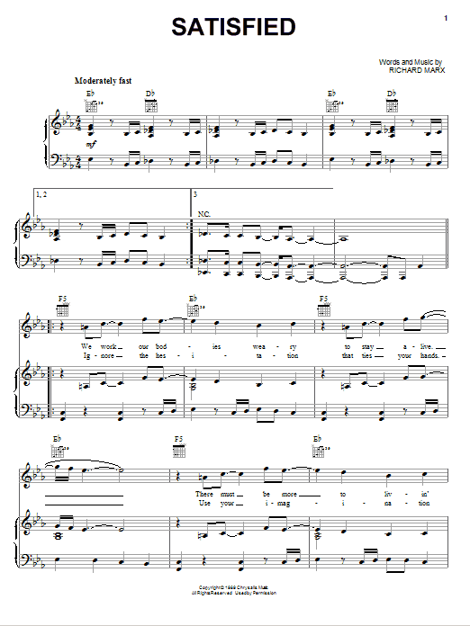 Download Richard Marx Satisfied Sheet Music and learn how to play Easy Piano PDF digital score in minutes