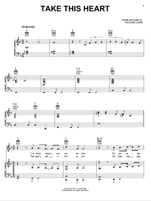 Download Richard Marx Take This Heart Sheet Music and learn how to play Piano, Vocal & Guitar (Right-Hand Melody) PDF digital score in minutes